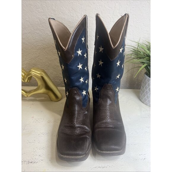 ROPER COWBOY BOOT BROWN FAUX LEATHER WITH AMERICAN FLAG UPPER Size 8 - Picture 2 of 14